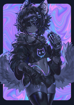 2_tails abstract_background accessory alternative_fashion anthro beverage biped black_bottomwear black_clothing black_hair black_shorts bottomwear bulge choker claws clothed clothing crop_top cross ear_piercing emo fingerless_gloves fur gloves glowing glowing_eyes grey_body grey_fur hair hair_accessory hair_over_eye handwear inner_ear_fluff inverted_cross jewelry kemono legwear looking_at_viewer male midriff monster_energy_can multi_tail necklace piercing psychedelic_background shirt shorts skull_accessory solo standing tail thigh_highs tight_bottomwear tight_clothing tight_shorts topwear tuft magic_dream00 monster_energy 2025 colored digital_media_(artwork) hi_res portrait shaded three-quarter_portrait