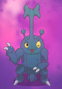2_fingers anthro balls blue_body fingers genitals horn looking_at_viewer male one_eye_closed penis smile solo wink winking_at_viewer argon_vile nintendo pokemon arthropod generation_2_pokemon heracross insect pokemon_(species) hi_res