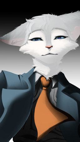 accessory anthro clothing front_view grey_body head_tilt male neck_tuft necktie solo suit tuft enoxarts lackadaisy rocky_rickaby domestic_cat felid feline felis mammal 4k 9:16 absurd_res hi_res