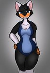 anthro big_breasts biped blue_eyes breasts crossed_legs dark_body dark_fur female fur looking_at_viewer smile solo standing wide_eyed wide_hips skade_nsfw_(artist) skade skade_the_fox canid canine canis fox hybrid mammal red_fox true_fox wolf