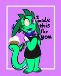 anthro bow_tie dessert dialogue food ice_cream male purple_background purple_eyes shy simple_background solo swirls tail text worker whackersalot_(artist) mythology spikey_(oc) dragon mythological_creature mythological_scalie scalie 4:5 english_text