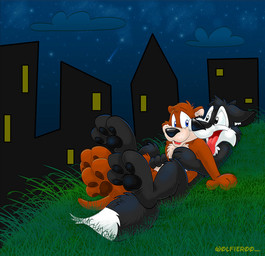 anthro big_feet black_body black_fur black_nose black_pawpads blue_eyes brown_body brown_fur brown_pawpads building cloud cuddling detailed_background duo feet fur grass hindpaw inner_ear_fluff lying lying_on_another lying_on_grass male male/male night nude on_back on_grass on_ground open_mouth open_smile outside pawpads paws plant red_tongue smile snout star tongue tongue_out tuft white_body white_fur white_inner_ear_fluff roolfy forester_universe waterways kory_hedley samaki_roden canid canine fox mammal mustelid otter 2012 digital_drawing_(artwork) digital_media_(artwork)