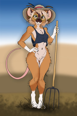 anthro areola big_ears bottomless breasts buckteeth chest_tuft clothed clothing ear_piercing ear_ring eyewear farm female genitals glasses grass hat headgear headwear inner_ear_fluff long_tail looking_at_viewer navel nipple_slip pantsless_female piercing pitchfork plant pose pubes ring_piercing round_glasses scruffy shirt side_boob simple_background solo straw_hat tail tank_top teeth tools topwear tuft vulva whiskers wide_hips deerwalker mammal mouse murid murine rodent 2:3 flat_colors hi_res pinup