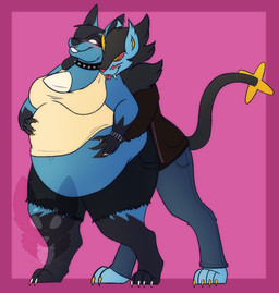 4_claws 4_toes 5_claws 5_fingers anthro barefoot belly belly_grab big_belly big_breasts biped black_body black_bracelet black_collar black_fur black_hair black_inner_ear black_mane black_markings bracelet breasts claws clothed clothed_anthro clothed_female clothed_male clothing collar duo feet female female_anthro finger_claws fingers fondling fur gloves_(marking) hair jewelry larger_anthro larger_female leg_markings male male_anthro mane markings obese obese_anthro obese_female overweight overweight_anthro overweight_female red_eyes red_sclera size_difference smaller_anthro smaller_male socks_(marking) spiked_bracelet spiked_collar spikes toe_claws toes white_claws yellow_claws yellow_eyes strawberrymilkdog nintendo pokemon dakota_(jedirogue1) tyler_(jedirogue1) canid canine felid generation_4_pokemon lucario luxray mammal pantherine pokemon_(species) 2021 colored hi_res shaded