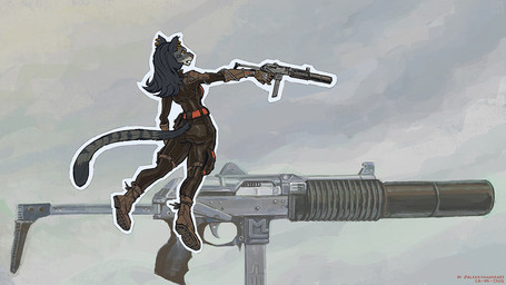 amber_eyes anthro armor bag belt boots clothed clothing ear_piercing ear_ring female footwear fur fur_markings gun hair long_hair markings piercing pointing_weapon ranged_weapon rear_view ring_piercing satchel shoelaces shoes silencer simple_background solo straps stripes submachine_gun tactical_gear tail weapon alekksandar conditional_dnp microsoft the_elder_scrolls felina'ma felid feline humanoid khajiit mammal hi_res
