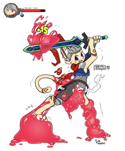 3_toes 4_fingers anthro armor balls belt biped blue_eyes chainmail claws clothed clothing damage_numbers erection fangs feet fingers fur gameplay_mechanics genitals gui headgear health_bar helmet holding_melee_weapon holding_object holding_sword holding_weapon inner_ear_fluff knee_pads knight male markings melee_weapon partially_clothed penis restrained role-playing_game shoulder_pads slime solo standing sword teeth text toe_claws toes tongue torn_clothing translucent translucent_body tuft warrior weapon mewdles domestic_cat felid feline felis mammal 2019 english_text hi_res