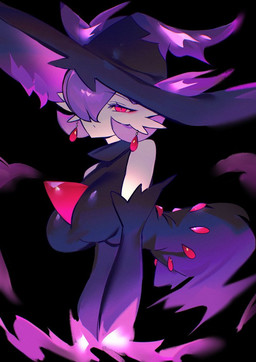 breasts clothing cosplay ear_piercing ear_ring elemental_manipulation female fire fire_manipulation hair hair_over_eye hat headgear headwear looking_at_viewer piercing red_eyes ring_piercing solo white_body witch_hat chunniwa nintendo pokemon gardevoir generation_3_pokemon generation_4_pokemon humanoid mismagius pokemon_(species)