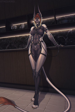 anthro areola barbell_piercing biped breasts claws feet female fingers front_view genital_piercing genitals hair harness inside looking_at_viewer navel navel_piercing nipple_dip nipple_piercing nipples nude nude_anthro nude_female o-ring piercing solo standing tail teeth toes tuft ventral_groove vulva thalislixeon acrador canid canine canis jackal mammal 2026 2:3 digital_drawing_(artwork) digital_media_(artwork) hi_res