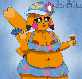 anthro areola areola_slip belly belly_overhang beverage big_areola big_breasts breasts brown_nipples clothing container cup deep_navel drinking_glass eyelashes eyeshadow female fur glass glass_container glass_cup glistening_eyelids hat headgear headwear long_eyelashes makeup mature_female navel nipples overweight overweight_female pink_eyeshadow sexual_dimorphism solo suntan swimwear tan_body tan_fur tan_line tear_trough wine_glass scor-chii nintendo pokemon ms._wavychu generation_1_pokemon pikachu pokemon_(species) absurd_res hi_res