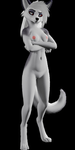 anthro crossed_arms female fur grey_body grey_fur nude paws skinny solo white_body white_fur maxnoward hellaverse helluva_boss loona_(helluva_boss) canid canine canis mammal wolf 3d_(artwork) digital_media_(artwork) hi_res