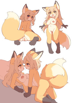 4_fingers 4_toes anthro areola bed big_breasts blonde_hair blush breasts countershading duo feet female fingers flat_chested front_view fur furniture genitals gloves_(marking) hair huge_breasts kissing leg_markings lying markings nipples nude on_back on_bed on_top_of orange_body orange_fur peach_eyes pillow rear_view simple_background sitting socks_(marking) standing toes vulva white_background white_body white_countershading yellow_eyes young young_anthro young_female matsuura canid canine fox mammal true_fox 2026 3:4 colored digital_drawing_(artwork) digital_media_(artwork) hi_res shaded