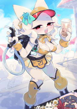 anthro beverage bikini black_clothing black_footwear black_nose black_shoes blush blush_lines bodily_fluids bottomwear clothing eyelashes female footwear front_view fur group hat headgear headwear heart_symbol holding_beverage holding_object legwear looking_at_viewer male navel open_mouth red_eyes shoes skirt sweat sweatdrop swimwear thick_thighs trio two-piece_swimsuit visor_cap white_body white_fur wide_hips wristband yellow_bikini yellow_bottomwear yellow_bow yellow_clothing yellow_legwear yellow_skirt yellow_swimwear rikose nine_sols red_candle_games goumang_(nine_sols) heng_(nine_sols) yi_(nine_sols) felid feline mammal solarian hi_res