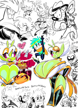 antennae_(anatomy) anthro big_breasts blue_hair blush breasts brown_body brown_skin cleavage clothed clothing curvy_figure eyelashes eyewear female fingerless_gloves fingers gloves green_body green_skin grin group hair hair_over_eyes handwear hat headgear headwear heart_symbol horn huge_breasts humanoid_pointy_ears legwear male one_eye_closed pointy_ears sharp_teeth skimpy smile teeth text thick_thighs thigh_highs tongue tongue_out voluptuous white_body white_hair white_skin wide_hips theguywhodrawsalot penny_(theguywhodrawsalot) sara_(theguywhodrawsalot) valerie_(theguywhodrawsalot) alien alien_humanoid horned_humanoid human humanoid mammal absurd_res english_text hi_res