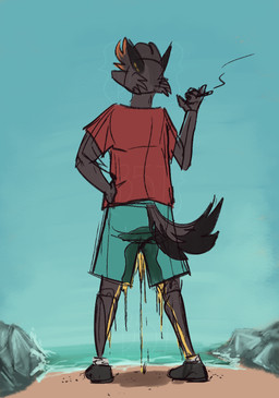 anthro beach bodily_fluids casual_clothing casual_urination casual_wetting clothing genital_fluids looking_away male peeing peeing_outside smoking solo swimming_trunks swimwear tail urine wetting bleepfivetimesif canid canine canis domestic_dog mammal wolf hi_res sketch