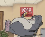 anthro banana belly belly_overhang big_belly ceiling chair claws crossed_legs desk door feet feet_on_desk food foot_on_table fruit fur furniture hand_behind_head holding_food holding_object leaning leaning_backward looking_at_viewer male motivational_poster nude office office_chair open_mouth overweight overweight_anthro overweight_male paws plant relaxing side_view smile solo table text husky2paws the_jungle_book baloo bear mammal sloth_bear ursine 2023 hi_res signature