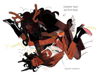 >_< anthro antlers body_hair bone_collar_tag boots breath clothing collar_tag duo eyes_closed footwear hair hand_on_face happy_trail heart_symbol high_heeled_boots high_heels horn humanoid_on_anthro long_hair male male/male pubes sex sex_toy sharing_sex_toy sharing_vibrator shoes simple_background text underwear hoofcoochie deer demon demon_humanoid humanoid mammal 2025 english_text