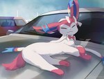 acting_like_a_cat ambiguous_gender behaving_like_a_cat car eyes_closed feral fur multicolored_body multicolored_fur pink_body pink_fur quadruped smile solo tail two_tone_body two_tone_fur vehicle white_body white_fur nagasaki_wonderful_polyester nintendo pokemon eeveelution generation_6_pokemon pokemon_(species) sylveon