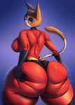 anthro big_butt biped breasts butt calico_cat clothed clothing disney domestic_cat epic_games eyelashes felid feline felis female fortnite helen_parr hi_res huge_butt huwon looking_at_viewer looking_back mammal meow_skulls pixar pupils smile the_incredibles thick_thighs