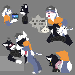 anal anal_penetration anatomically_correct annoyed backwards_hat black_body black_eyes black_fur blep blush bodily_fluids clothing cum cum_in_mouth cum_inside curly_hair deep_throat dialogue digitigrade duo ear_piercing ear_ring face_fucking fellatio fur genital_fluids grey_body grey_clothing grey_fur grey_shirt grey_topwear hair hat headgear headwear holding_leg holding_thigh irrumatio knotting legs_on_shoulders legs_up lying male male/male muffled_speech on_back oral oral_penetration orange_clothing orange_shirt orange_topwear penetration penile penis_in_mouth piercing questionable_consent raised_leg ring_piercing sex shirt smile smirk tail tail_motion tailwag tongue tongue_out topwear white_body white_fur yellow_eyes oddlypolygonalpittie alkezite_(oddlypolygonalpittie) relish_(oddlypolygonalpittie) american_pit_bull_terrier border_collie canid canine canis collie domestic_dog herding_dog hunting_dog mammal pastoral_dog pit_bull sheepdog terrier 1:1 hi_res