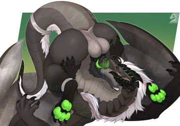 anus ass_up autofellatio balls blush bodily_fluids butt claws drooling erection eyes_closed fangs feral finger_claws genitals green_pawpads green_penis green_tongue grey_body grey_scales knot knotted_penis long_neck male mane masturbation membrane_(anatomy) membranous_wings oral oral_masturbation pawpads penile penile_masturbation penis saliva saliva_string scales snout solo tail teeth thick_tail toe_claws tongue tongue_out white_mane wings zyria mythology freezingtide dragon mythological_creature mythological_scalie scalie 2026 hi_res shaded watermark
