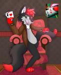 ace anthro biped black_body black_fur c3< card chair clothed clothing fur furniture green_eyes hair heart_symbol lucky_fox male playing_card poker red_body red_fur red_hair sitting solo tongue tongue_out white_body white_fur kiba_spiritstone lucky_star_(character) canid canine fox mammal hi_res