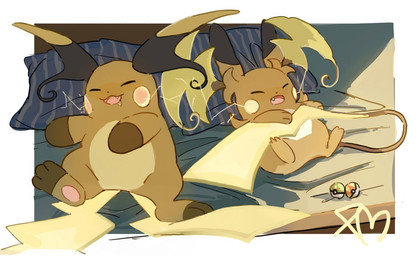 2_tails ambiguous_gender anthro bodily_fluids drooling duo electricity eyes_closed fangs featureless_crotch friend_ball fur lying multi_tail on_back open_mouth orange_body orange_fur pawpads paws pillow pokeball safari_ball saliva sleeping tail teeth tongue cc8nw42u15apug0 nintendo pokemon pokemon_legends_z-a generation_9_pokemon mega_evolution mega_raichu mega_raichu_x mega_raichu_y pokemon_(species) 2025 signature