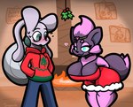 accessory antennae_(anatomy) anthro bent_over big_breasts big_ears blue_eyes blush bodily_fluids breasts cheek_tuft chest_tuft cleavage clothed clothing dress duo facial_tuft female fireplace fur green_eyes grey_body grey_fur half-closed_eyes hand_in_pocket hands_behind_back headband heart_symbol holidays holly_(plant) hoodie leaning leaning_forward looking_at_another male multicolored_body multicolored_fur narrowed_eyes neck_tuft nervous pink_body pink_fur plant pockets purple_body seductive shell sweat sweatdrop sweater topwear tuft two_tone_body two_tone_fur sneavile christmas nintendo pokemon goe_(sneavile) zabrina_(afc) generation_5_pokemon generation_8_pokemon hisuian_form hisuian_sliggoo pokemon_(species) regional_form_(pokemon) zorua absurd_res hi_res