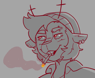 anthro antlers beanie buckteeth cigarette cigarette_in_mouth cleft clothing ear_piercing eyebrow_piercing eyelashes facial_piercing fan_designs female hair hat headgear headwear horn lit_cigarette looking_aside object_in_mouth piercing red_eyes short_hair smoke smoking smoking_cigarette solo teeth topwear unknown_artist deltarune undertale_(series) dess_holiday deer mammal new_world_deer reindeer monochrome