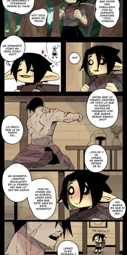 arm_scar back_scar backpack black_border black_hair black_sclera blush border cheek_scar duo empty_eyes eyes_closed facial_scar female forest hair heart_symbol humanoid_pointy_ears kerchief male open_mouth outside plant pointy_ears red_kerchief scar shoulder_scar sky smile standing text tree yellow_eyes darkus_art goblin human humanoid mammal comic hi_res pictographics spanish_text translation_request