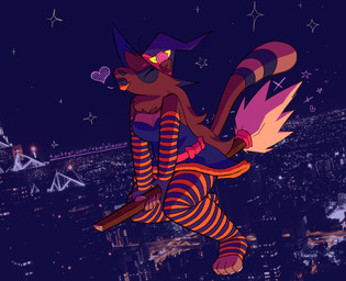 4_toes 5_fingers anthro arm_warmers armwear black_lips bow_ribbon breasts broom broom_riding brown_body brown_fur city city_background cleaning_tool clothing dress eyes_closed feet female fingers fur hat headgear headwear heart_symbol leg_warmers legwear lips magic_user markings multicolored_lips orange_arm_warmers orange_armwear orange_clothing orange_leg_warmers orange_legwear orange_lips pattern_arm_warmers pattern_armwear pattern_clothing pattern_leg_warmers pattern_legwear photo_background purple_arm_warmers purple_armwear purple_clothing purple_dress purple_hat purple_headwear purple_leg_warmers purple_legwear red_bow ring_(marking) ringed_tail solo striped_arm_warmers striped_armwear striped_clothing striped_leg_warmers striped_legwear striped_markings striped_tail stripes tail tail_markings toes waist_bow witch witch_hat bigsteppies noodle_(aimkid) domestic_ferret mammal mustelid musteline true_musteline weasel mixed_media photography_(artwork)