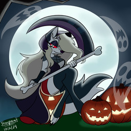absolute_territory anthro big_breasts bone bottomwear breasts cape cleavage clothed clothed_anthro clothed_female clothing cosplay costume crossed_legs digitigrade female fingerless_gloves full_moon gloves grey_hair hair hair_over_eye half-closed_eyes halloween_costume handwear holidays hood jack-o'-lantern legwear long_hair looking_at_viewer melee_weapon moon narrowed_eyes night outside polearm pupils red_bottomwear red_clothing red_sclera red_shorts scythe shorts sitting sitting_on_pumpkin slit_pupils solo tail thigh_highs toeless_legwear toeless_stockings translucent translucent_clothing translucent_topwear weapon white_eyes starpaintart halloween hellaverse helluva_boss mythology death_(personification) grim_reaper loona_(helluva_boss) ambient_ghost canid canid_demon canine demon hellhound mammal mythological_canine mythological_creature 2024 absurd_res hi_res