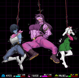 angry anthro armor asphyxiation black_clothing black_topwear black_vest blue_body blue_hair boots bound bracelet bulge clothing cuirass death dying erection eyewear female floppy_ears footwear fur glasses green_clothing green_robe group hair hair_over_eyes hands_behind_back hands_tied hands_tied_behind_back hanged horn imminent_death jewelry long_hair male muscular muscular_anthro noose panicking purple_body purple_hair red_scarf robe rope salivia scabbard scared scarf shoes short_hair snuff squinted_eyes struggling teeth topwear trio vest white_body white_fur wide_open_eyes yellow_eyes yellow_teeth unknown_artist deltarune undertale_(series) kris_dreemurr ralsei susie_(deltarune) bovid caprine darkner goat human mammal scalie hi_res