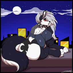 anthro big_breasts bottomwear breasts building cigarette cigarette_in_mouth cigarette_smoke clothing cloud collar ear_piercing ear_ring female fur grey_body grey_fur grey_hair hair legwear moon multicolored_body multicolored_fur night object_in_mouth piercing red_sclera ring_piercing shorts sitting sky smoke solo spiked_collar spikes star starry_sky stockings thick_thighs topwear two_tone_body two_tone_fur white_body white_eyes white_fur deonwolf hellaverse helluva_boss mythology loona_(helluva_boss) canid canid_demon canine demon hellhound mammal mythological_canine mythological_creature 1:1 2024 digital_media_(artwork) hi_res