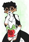 anthro balls blush bodily_fluids chest_tuft erection fur genital_fluids genitals gift male penis presenting simple_background smile solo tail tuft maiiyumi max_(giblerider) canid canine mammal digital_media_(artwork) watermark