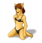 anthro biped brown_hair brown_nose canid canine clothed clothing diva_(artist) female green_eyes hair hi_res kneeling long_hair looking_at_viewer mammal pinup pose simple_background skimpy solo tail underwear white_background