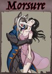 anthro armor black_hair black_nose breasts cleavage clothed clothing dress duo eyes_closed fangs female fur grey_body grey_fur hair male male/female navel_outline nipple_outline open_mouth red_eyes teeth white_hair daigaijin dark_anubis anubian_jackal canid canine canis human jackal mammal hi_res