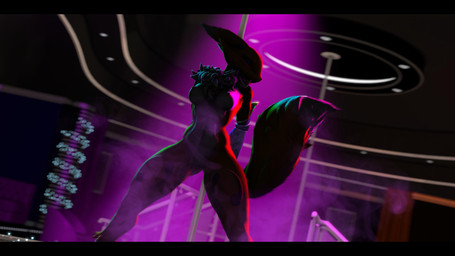 anthro armwear big_tail black_bars black_sclera blue_eyes breasts bridal_gauntlets clothing dancing female fur fur_markings genitals looking_at_viewer markings multicolored_body multicolored_ears multicolored_eyes multicolored_fur multicolored_tail nipples pole pole_dancing seductive solo strip_club stripper stripper_pole tail vulva white_body white_ears white_fur white_tail yellow_body yellow_ears yellow_fur yellow_tail silvarus warfaremachine_(modeler) bandai_namco digimon international_renamon_appreciation_month warfare_renamon canid canine digimon_(species) mammal renamon 16:9 2022 3d_(artwork) digital_media_(artwork) hi_res letterbox widescreen