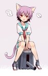 ambiguous_gender blush bottomwear clothing dialogue hair open_mouth pink_hair red_eyes school_uniform shorts simple_background sitting solo text uniform white_background oota_yuuichi animal_humanoid cat_humanoid felid felid_humanoid feline feline_humanoid humanoid mammal mammal_humanoid 2014 hi_res japanese_text