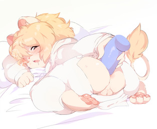 anal anal_penetration anthro balls bedding bedding_background blonde_hair blue_dildo blush blush_lines bodily_fluids breath brown_eyes claws clothing crotchless_clothing dildo dildo_in_ass dildo_insertion drooling genitals hair inner_ear_fluff looking_back_at_self lying male object_in_ass on_front pawpads penetration pink_inner_ear pink_nose red_pawpads saliva scut_tail sex_toy sex_toy_in_ass sex_toy_insertion short_tail simple_background solo tail tan_claws toe_claws tuft white_background white_inner_ear_fluff young young_anthro young_male bream riley_(harem420) felid lion mammal pantherine hi_res