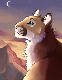 brown_body brown_fur crescent_moon dusk feral fur green_eyes male moon mountain solo star white_body white_fur rishinoya rikki_(purrma) cougar felid feline mammal 2025 hi_res