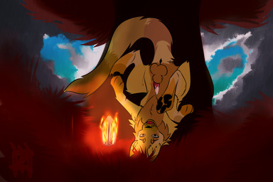 anatomically_correct animal_genitalia animal_penis bodily_fluids cum cum_on_penis detailed_background erection feline_genitalia feline_penis feral fire fur genital_fluids genitals male multicolored_body multicolored_fur outside penis raining sheath solo upside_down zeniarmr domestic_cat felid feline felis mammal absurd_res hi_res