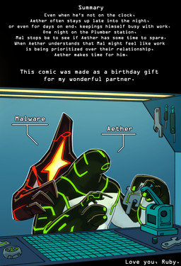 1_eye 4_fingers black_body circuit_markings claws countershading duo english_textblue_background fingers glistening glistening_body green_markings holding_shoulder light markings metallic_body not_furry red_markings silver_countershading star_(marking) text white_body white_countershading lumen_fox ben_10 cartoon_network aether_(strawberryoverlord) fan_character malware_(ben_10) alien galvanic_mechamorph goo_creature comic cover cover_art cover_page english_text hi_res lighting shaded