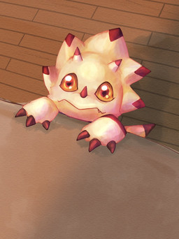 amber_eyes anthro claws floor furniture hands_on_table horn looking_up male short solo table tail white_body wood wood_floor oko_konoko2 bandai_namco digimon digimon_(species) gammamon hi_res
