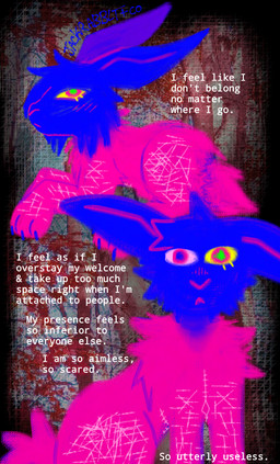 :< ambiguous_gender birch birch_tree blue_body blue_fur blue_pupils blush blush_lines blush_stickers eyelashes feral forest forest_background frown fur green_pupils heterochromatic_scleras heterochromia lying nature nature_background photobashing photography pink_body pink_eyes pink_fur pink_sclera plant pupils solo text tree yellow_sclera jackrabbit_(artist) corey_(jackrabbit) hare hybrid lagomorph leporid mammal rabbit 2025 absurd_res digital_drawing_(artwork) digital_media_(artwork) english_text hi_res ibispaint_(artwork) lineless