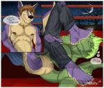 2014 anthro canid canine clothed clothing comic dialogue duo english_text fighting_ring fur green_body green_skin heart_symbol jewelry jwolfsky male male/male mammal musk necklace nipples purple_body purple_fur scalie secretly_loves_it smelly smelly_feet text torn_clothing wrestling