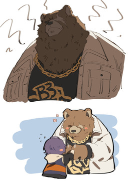 anthro blush brown_body brown_fur chibi clothing duo facial_scar fur jewelry male missing_eye necklace scar size_difference smile white_clothing snowolf mihoyo zenless_zone_zero belle_(zenless_zone_zero) ben_bigger bear human mammal absurd_res hi_res