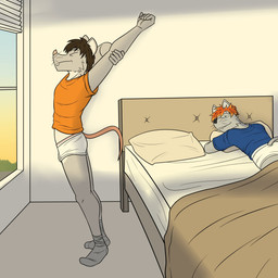 anthro bedding bedroom bedroom_eyes blanket blue_clothing blue_eyes blue_shirt blue_t-shirt blue_topwear briefs brown_hair bulge butt clothed clothing curtains_open duo eyes_closed footwear grey_clothing grey_footwear grey_socks hair male monotone_briefs monotone_clothing monotone_underwear narrowed_eyes orange_clothing orange_hair orange_shirt orange_t-shirt orange_topwear pantsless pantsless_anthro pantsless_male pillow raised_clothing raised_shirt raised_topwear resting seductive shirt sleeping sleeping_in_underwear smile smiling_at_another smiling_at_partner socks t-shirt tighty_whities topwear underwear waistband_stripe white_briefs white_clothing white_underwear window fuze randall_(all_nighter) mammal mouse murid murine rodent 1:1 hi_res
