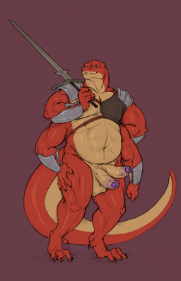2_penises animal_genitalia animal_penis anthro armor balls erection genitals hemipenes humanoid_genitalia humanoid_penis male melee_weapon multi_genitalia multi_limb multi_penis muscular overweight penis solo sword weapon nero228 crius reptile scalie snake hi_res