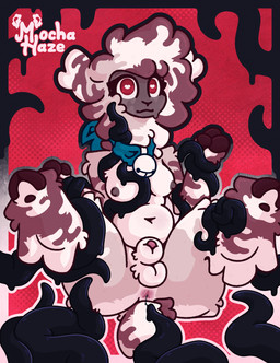 animal_genitalia anthro anus balls bell bell_collar belly black_tentacles breasts collar fingers fluffy fluffy_ears fur genitals glistening glistening_eyes gynomorph hair heart_eyes heart_symbol hooved_fingers hooves intersex kerchief multicolored_body multicolored_fur navel nipples questionable_consent red_eyes restrained restrained_by_tentacles sheath small_tail solo tail tentacles wet_tentacles mocha_haze mocha_(mocha_haze) alpaca camelid mammal absurd_res hi_res