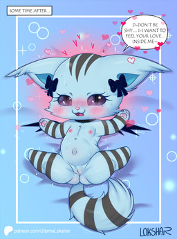 anthro areola back_wings biped black_eyes black_sclera blush bodily_fluids bow_accessory cheek_tuft collar collar_only cute_fangs dialogue dripping ear_tuft facial_tuft fangs female flat_chested front_view fur genital_fluids genitals grey_body grey_fur grey_stripes head_markings heart_symbol humanoid_genitalia humanoid_vulva inviting looking_at_viewer lying markings navel nipples nude on_back open_mouth pawpads pink_nose pupils ring_(marking) ringed_tail simple_background slit_pupils small_wings solo speech_bubble spread_legs spreading striped_arms striped_legs striped_markings striped_tail stripes sweat tail tail_markings talking_to_viewer teeth text tongue tuft vaginal_fluid_drip vaginal_fluids vulva wings young young_anthro young_female ultama_lokshar beatcats sanrio chelsea_(beatcats) domestic_cat felid feline felis mammal 2026 alternate_version_at_paywall english_text hi_res